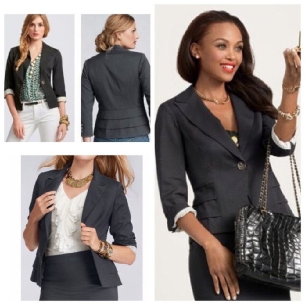 CAbi Bossy Ruffle Charcoal Blazer